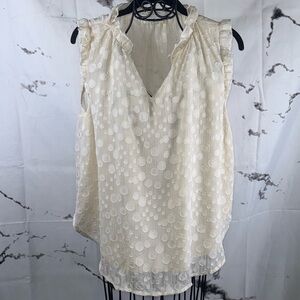 Umgee Sheer Polka Dot Shirt Ruffled Split Collar V-Neck Sleeveless Cream Color